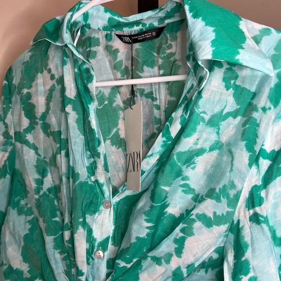 Zara green and white tie dye print tie wrap blouse - Picture 4 of 5